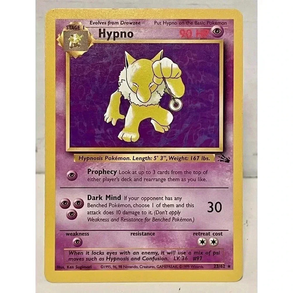 Pokémon TCG Hypno Fossil 23/62 Regular Unlimited Rare Card Vintage WOTC‎ LP - Picture 1 of 12
